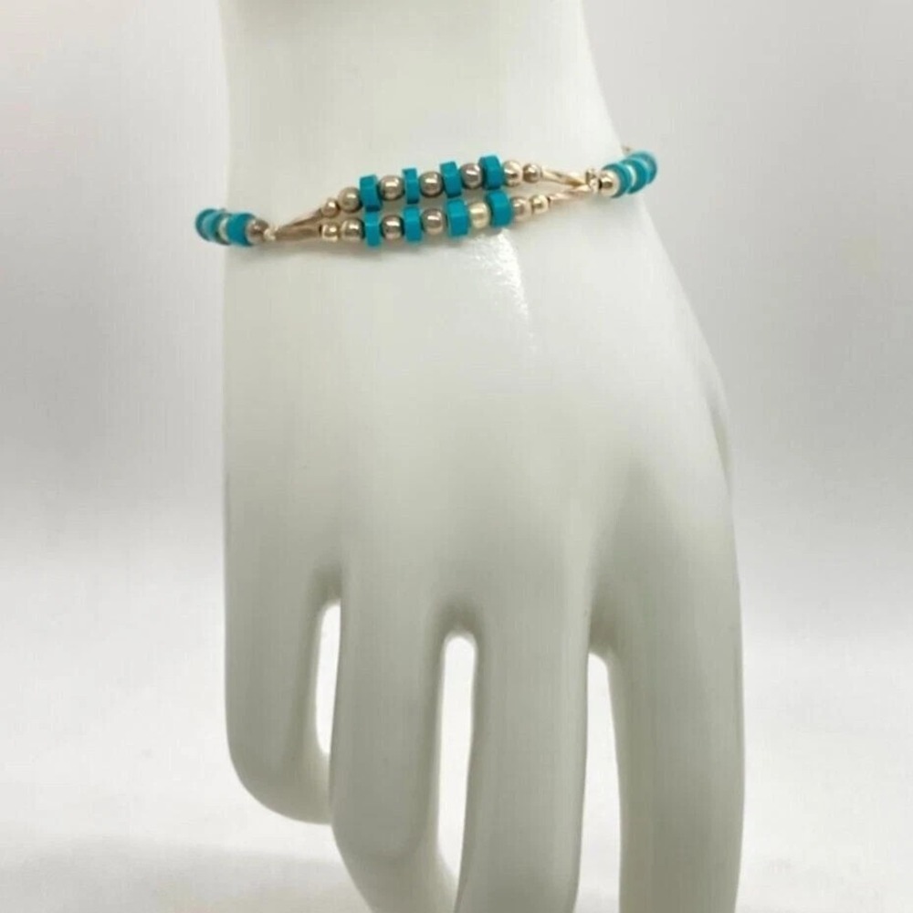 Turquoise &‎ Silver Tone Beaded Double Strand Bracelet Screw Barrel Clasp